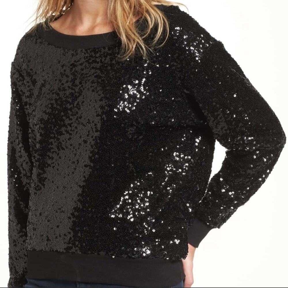 ELLA MOSS Women's Black Sequin Long Sleeve Crew Neck Sweatshirt
